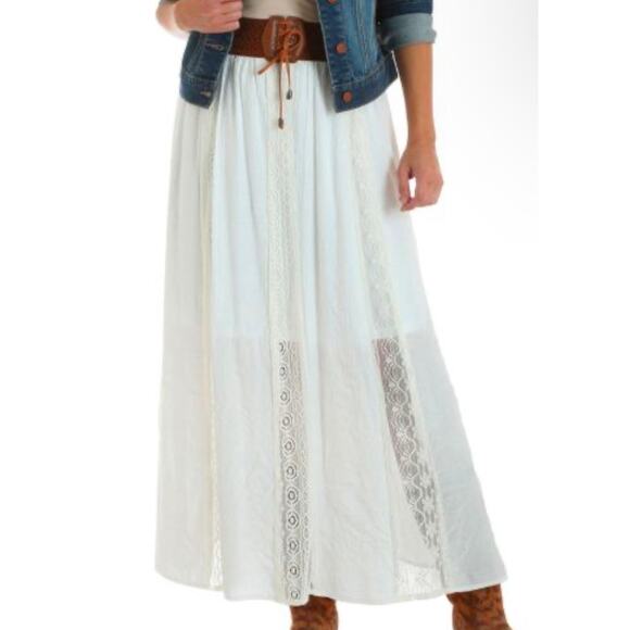 Wrangler Women's Ivory Boho Maxi Skirt Medium Woven Belt Floral Lace Cowgirl - Picture 1 of 9